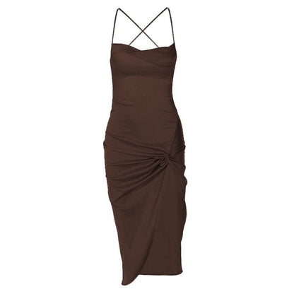 Spaghetti Strap Cross Back Cowl Neck Hip Twist Knot Side Slit Midi Dress
