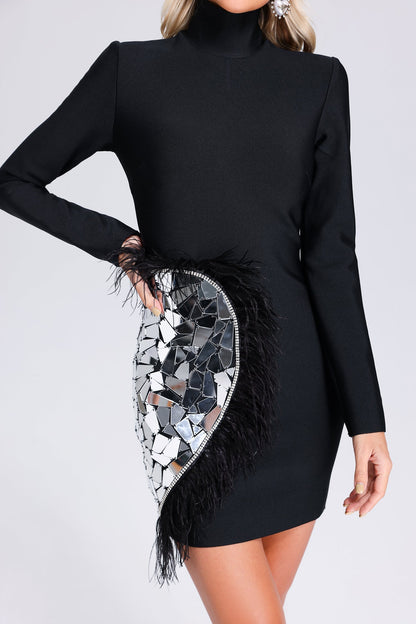 Mock Neck Long Sleeve Mirror Mosaic Ostrich Feather Bodycon Mini Dress