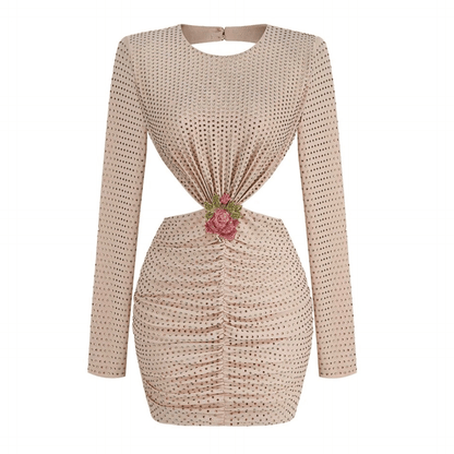 Halter Backless Rhinestone Mesh Overlay Mini Dress