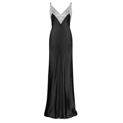 Deep V Neck Crystal Chevron Panel Satin Slip Maxi Dress