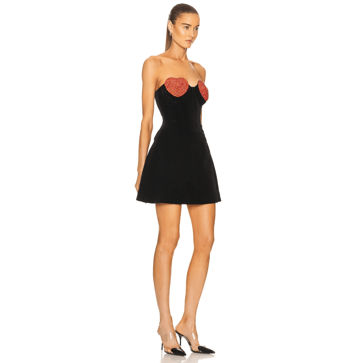 Sweetheart Rhinestone Heart Motif Mesh Mini Dress
