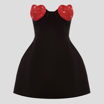 Sweetheart Rhinestone Heart Motif Mesh Mini Dress
