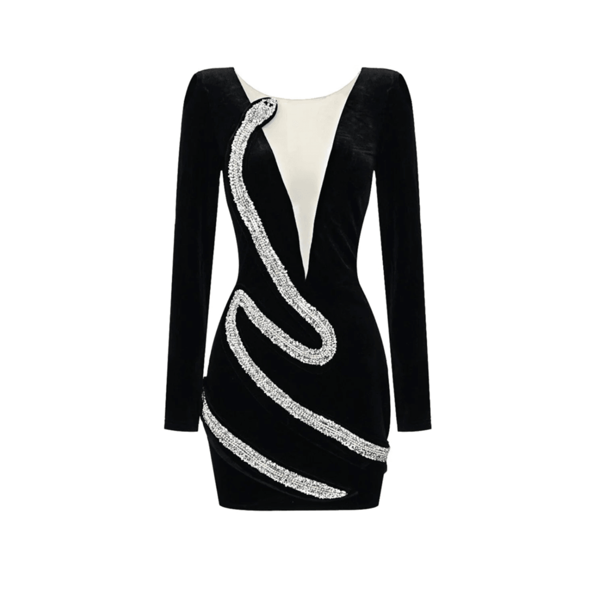 Velvet Deep V Neck Padded Shoulder Rhinestone Snake Applique Mini Dress