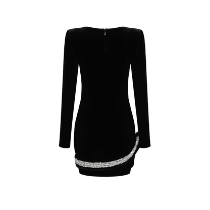 Velvet Deep V Neck Padded Shoulder Rhinestone Snake Applique Mini Dress