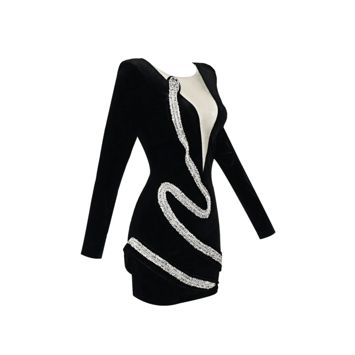 Velvet Deep V Neck Padded Shoulder Rhinestone Snake Applique Mini Dress