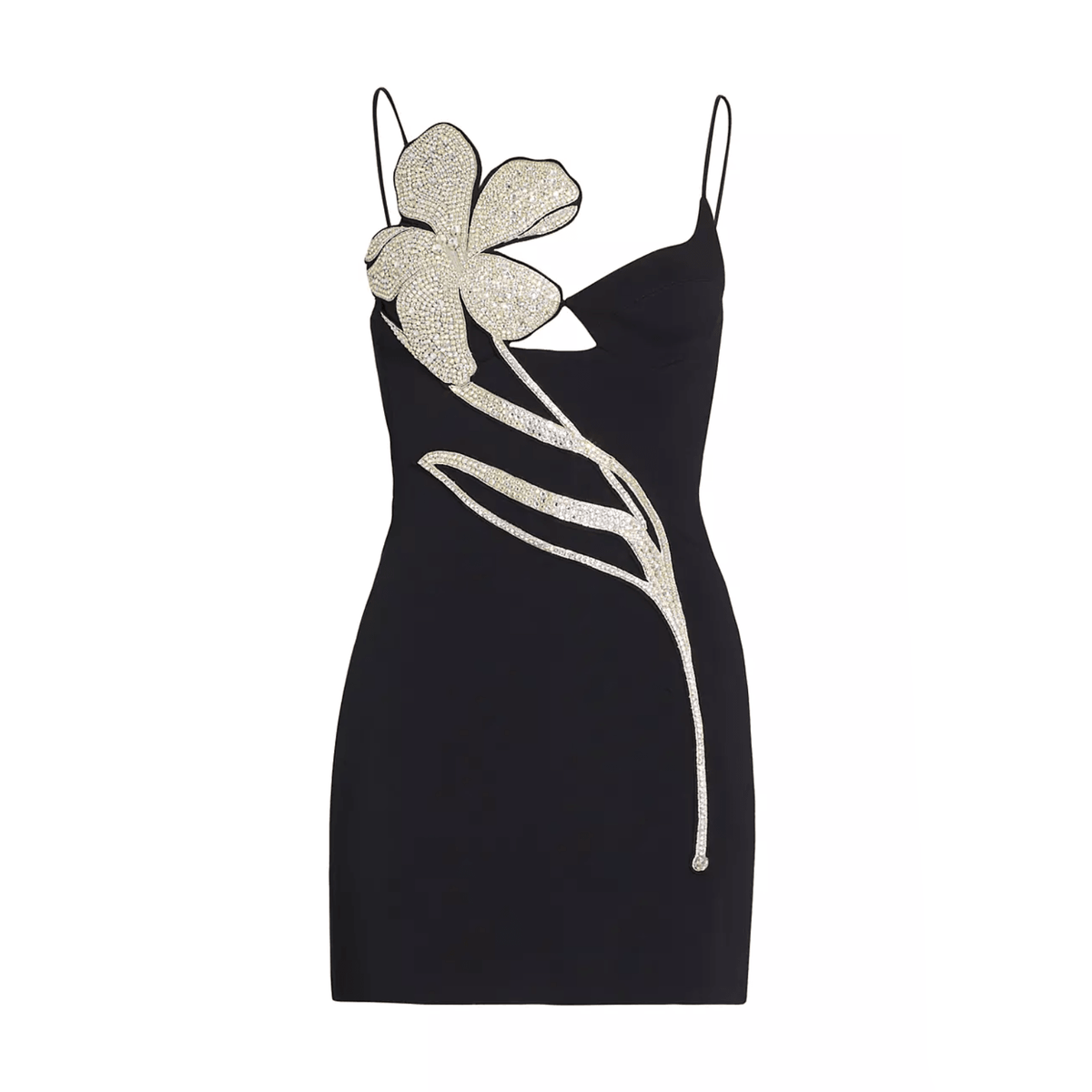 V Neck Spaghetti Strap Crystal Floral Applique Cutout Mini Dress