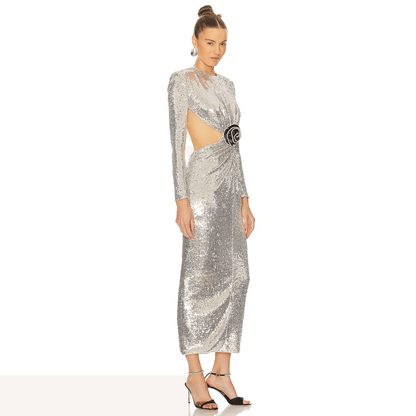 Halter Neck Sequin Draped High Slit Maxi Dress