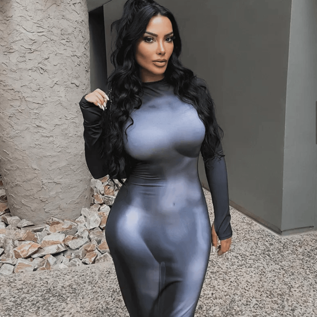 Crew Neck Long Sleeve Body Contour Print Bodycon Maxi Dress