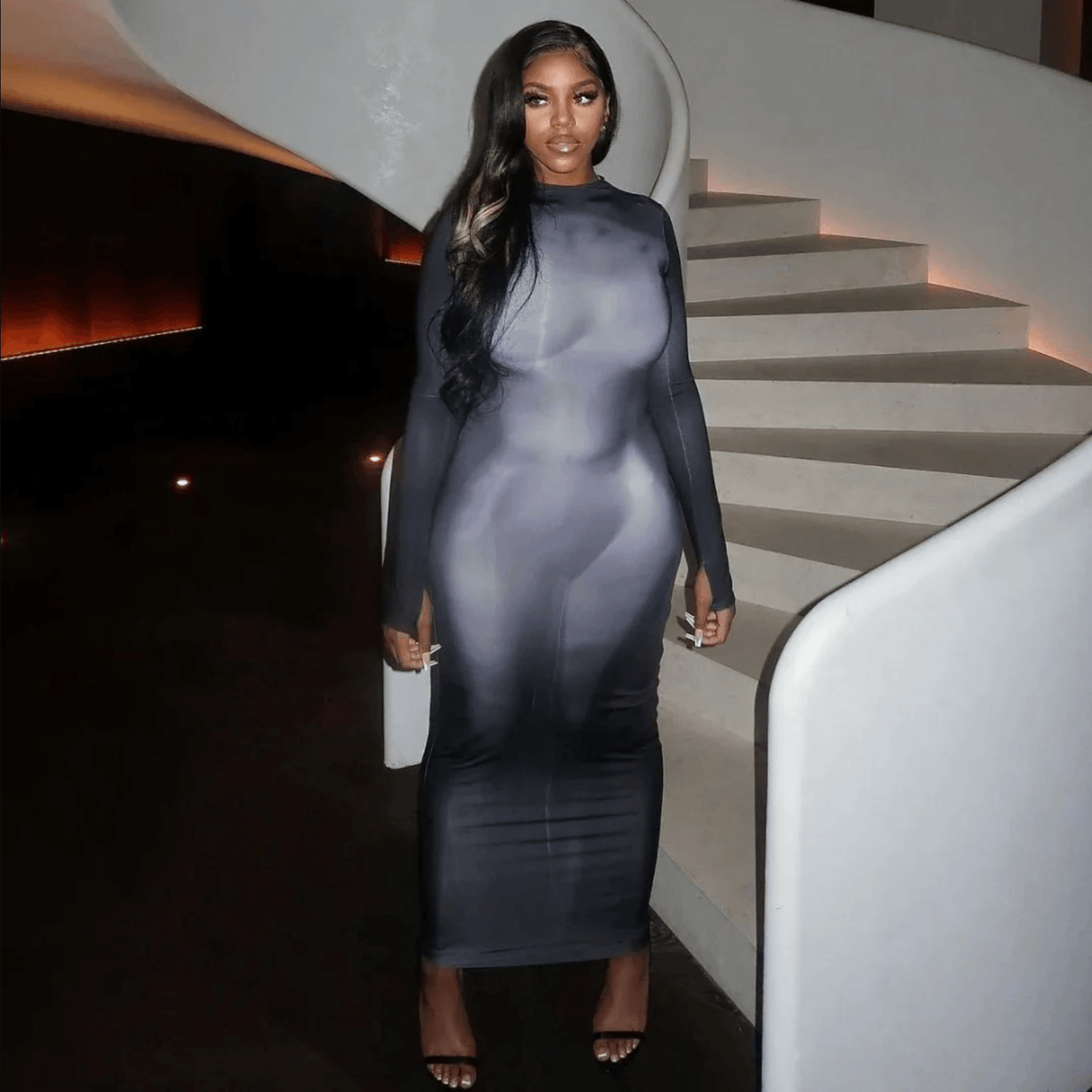 Crew Neck Long Sleeve Body Contour Print Bodycon Maxi Dress