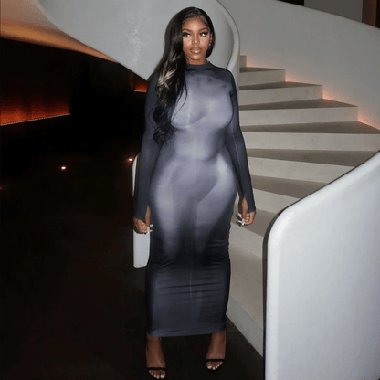 Crew Neck Long Sleeve Body Contour Print Bodycon Maxi Dress