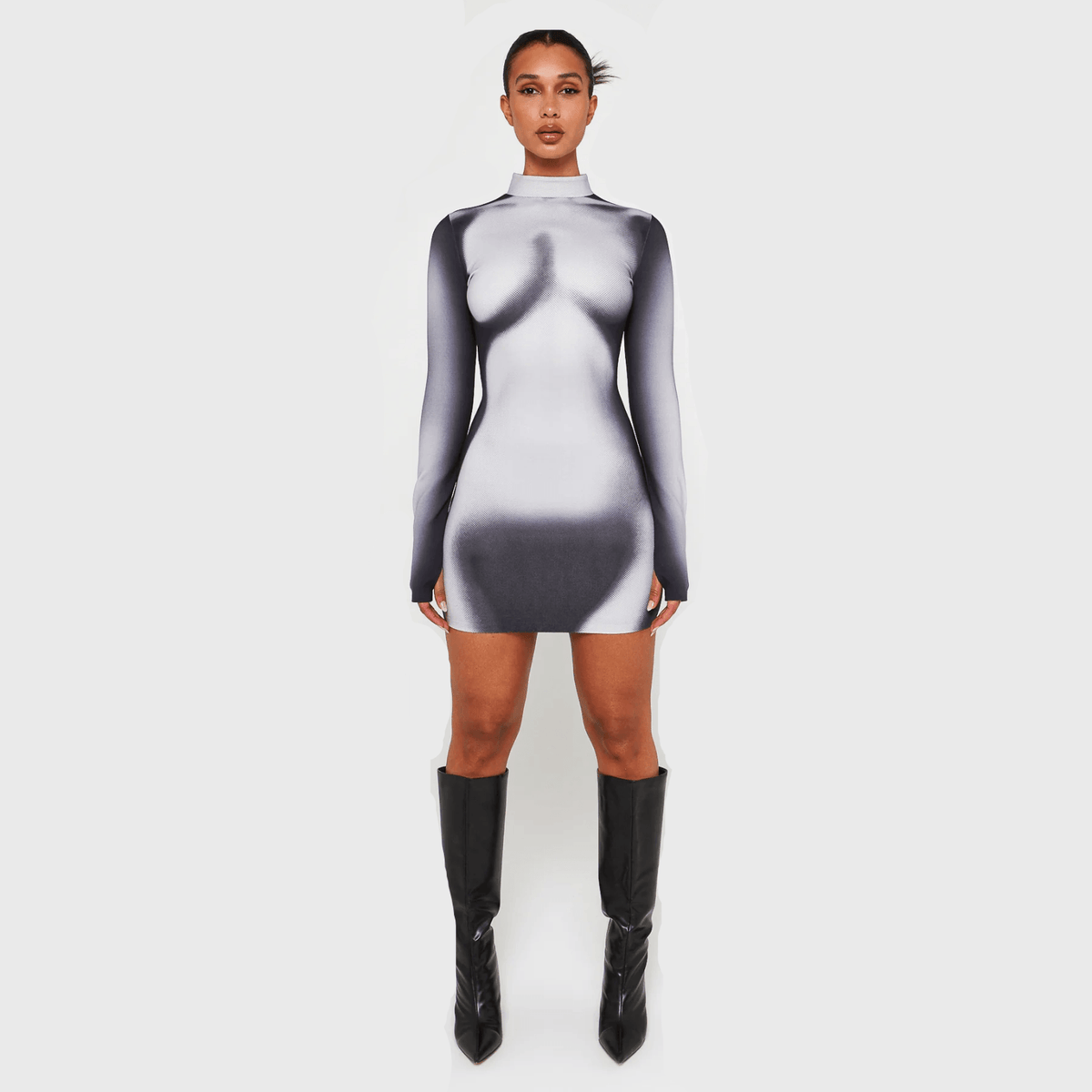 Mock Neck Long Sleeve Body Contour Print Bodycon Mini Dress