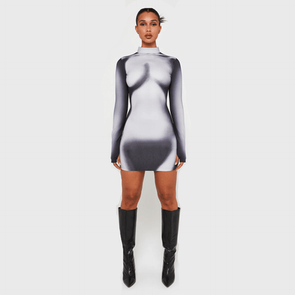 Mock Neck Long Sleeve Body Contour Print Bodycon Mini Dress