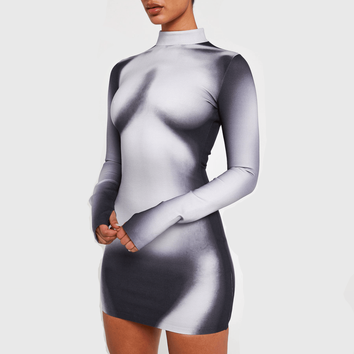 Mock Neck Long Sleeve Body Contour Print Bodycon Mini Dress