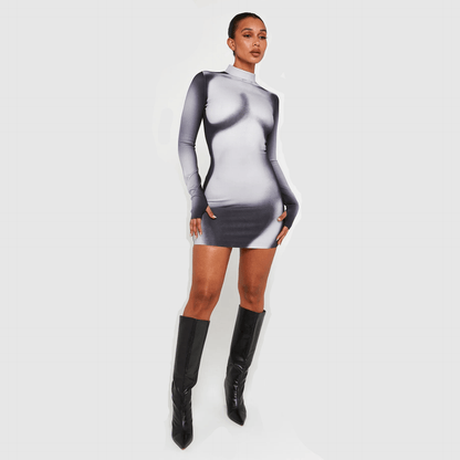 Mock Neck Long Sleeve Body Contour Print Bodycon Mini Dress