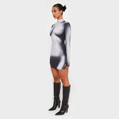 Mock Neck Long Sleeve Body Contour Print Bodycon Mini Dress