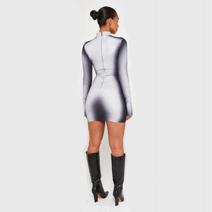 Mock Neck Long Sleeve Body Contour Print Bodycon Mini Dress