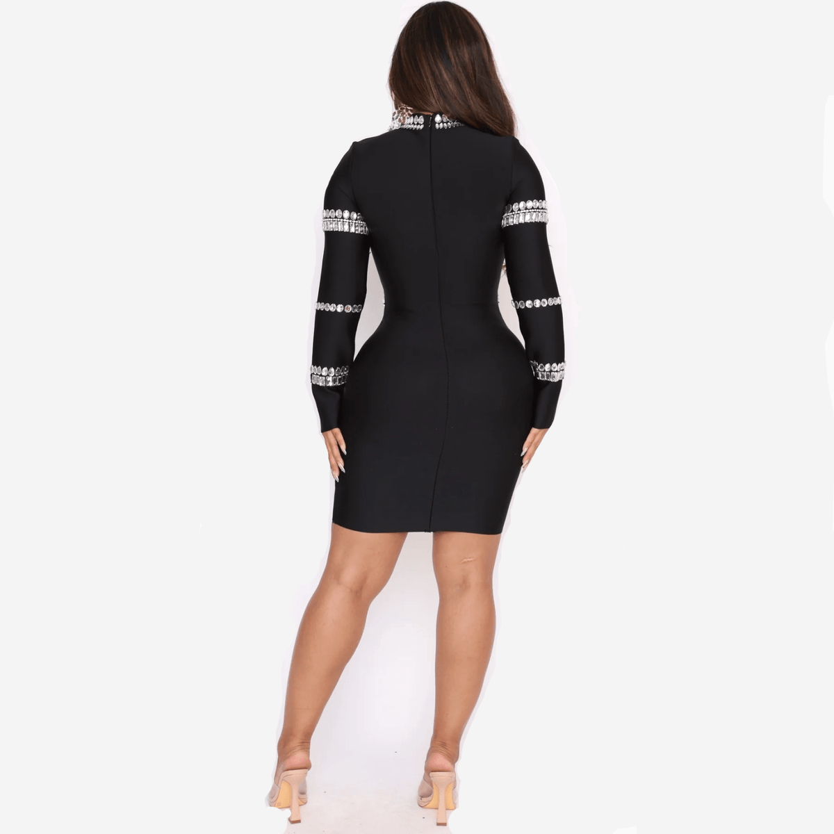 Long Sleeve Crystal Embellished Mini Dress