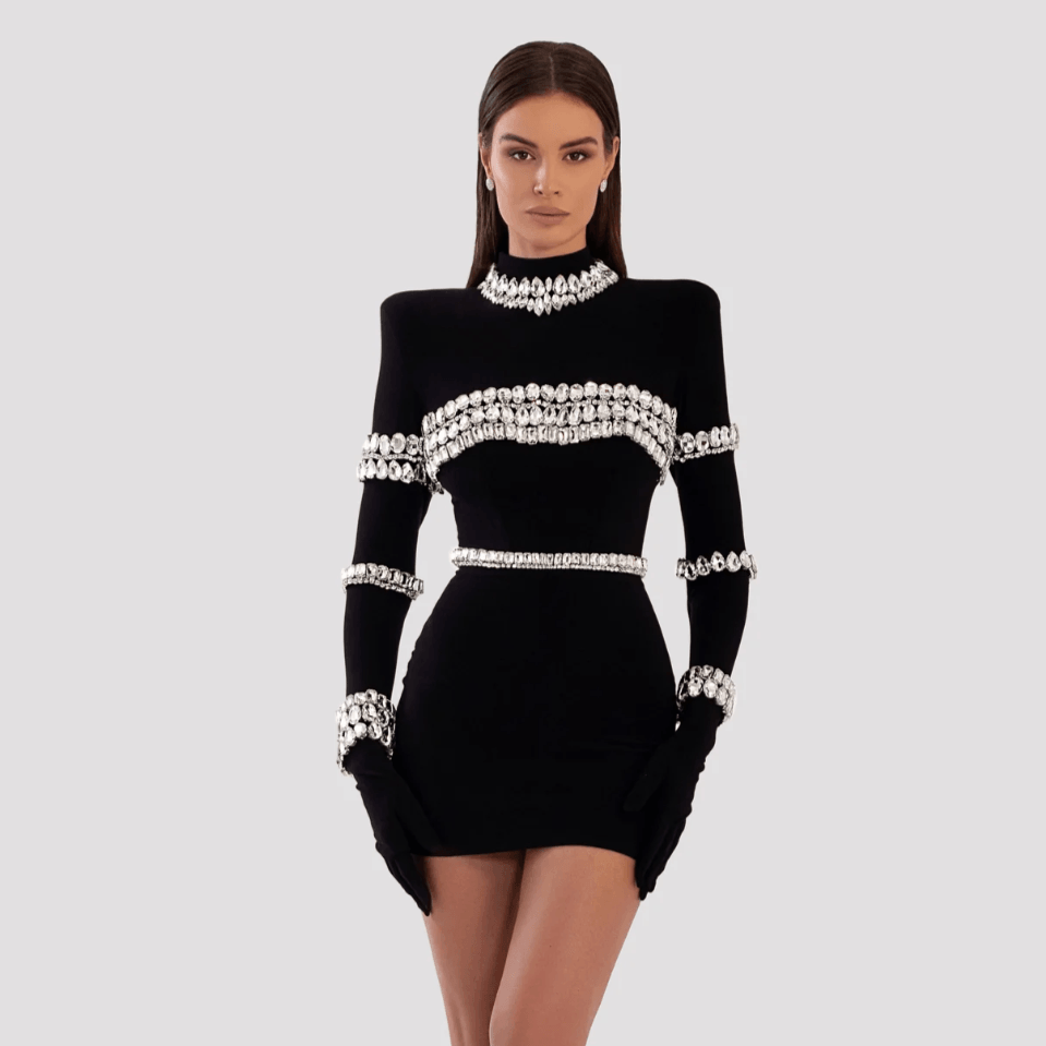 Long Sleeve Crystal Embellished Mini Dress