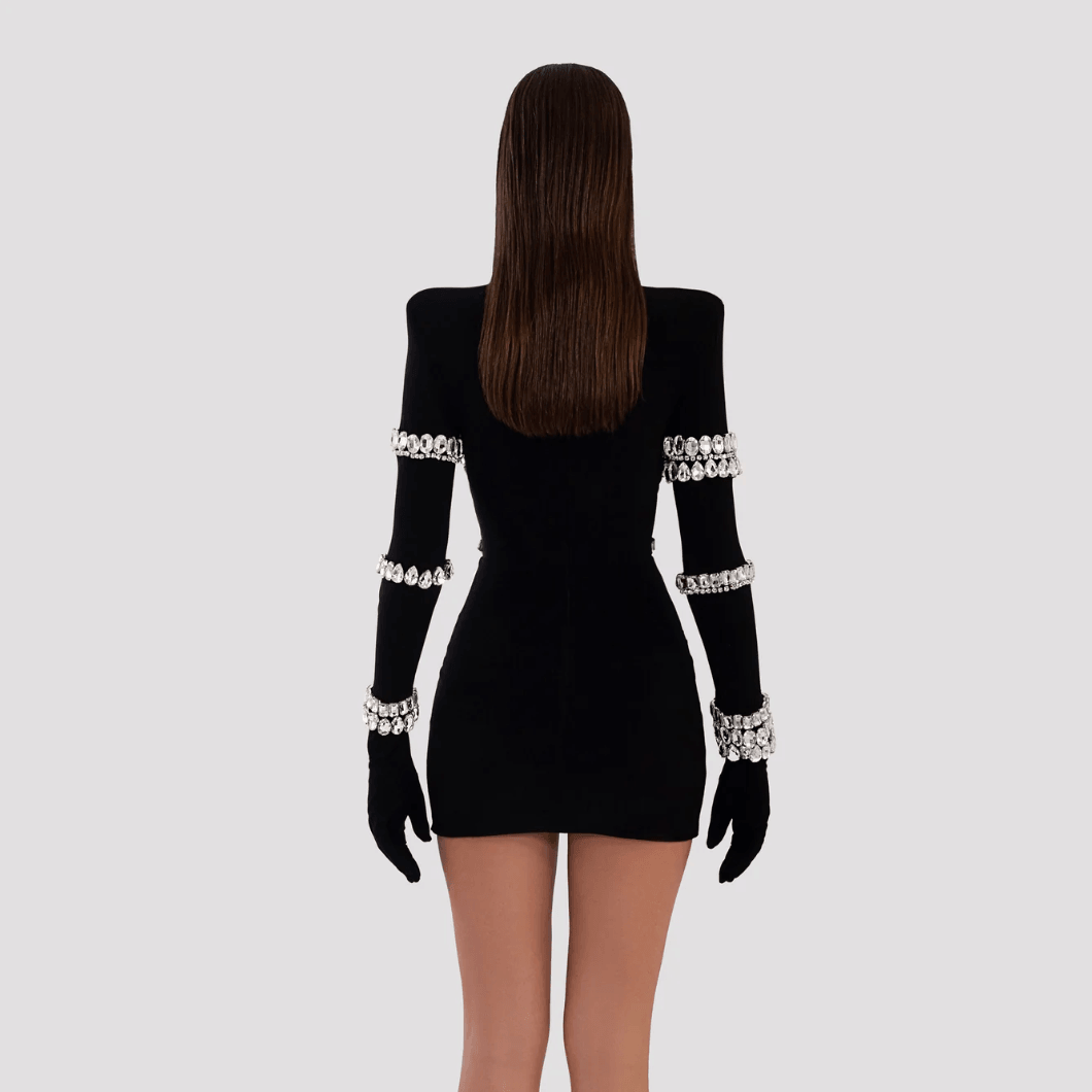Long Sleeve Crystal Embellished Mini Dress