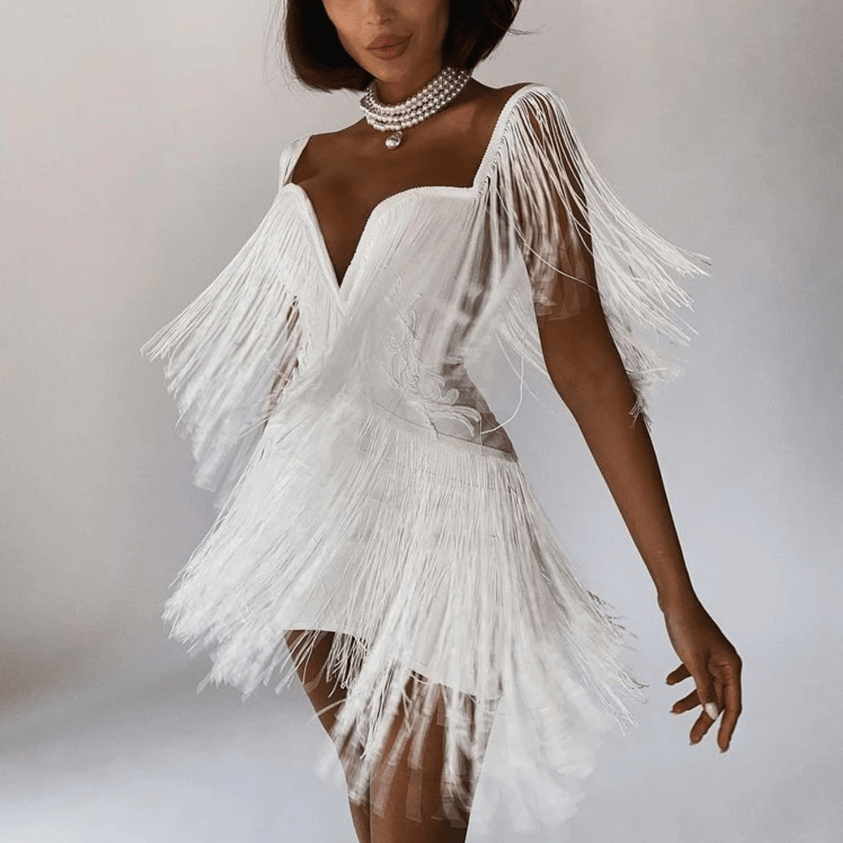 Off Shoulder Tassel Trim Ruched Bodycon Mini Dress