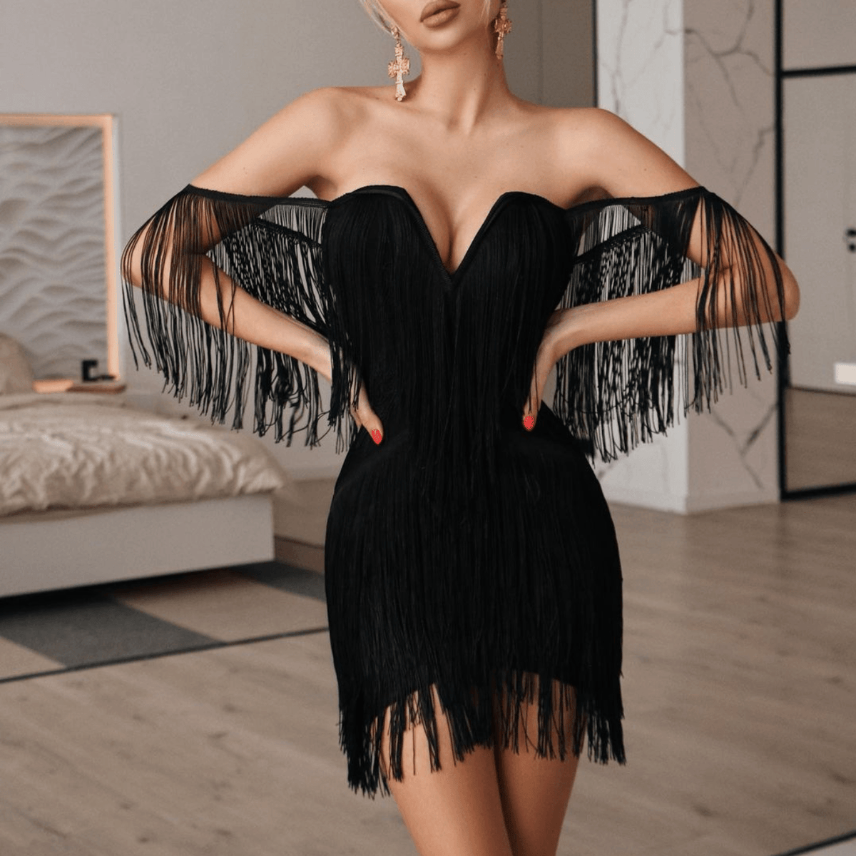 Off Shoulder Tassel Trim Ruched Bodycon Mini Dress