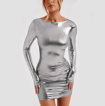 Long Sleeve Square Neck Ruched Bodycon Mini Dress
