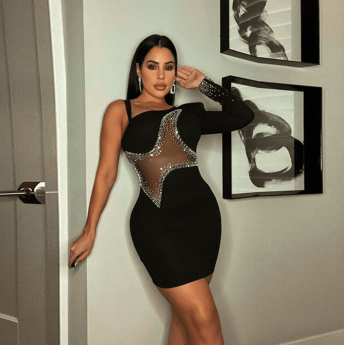 One Shoulder Crystal Cuff Mesh Star Cutout Bodycon Mini Dress