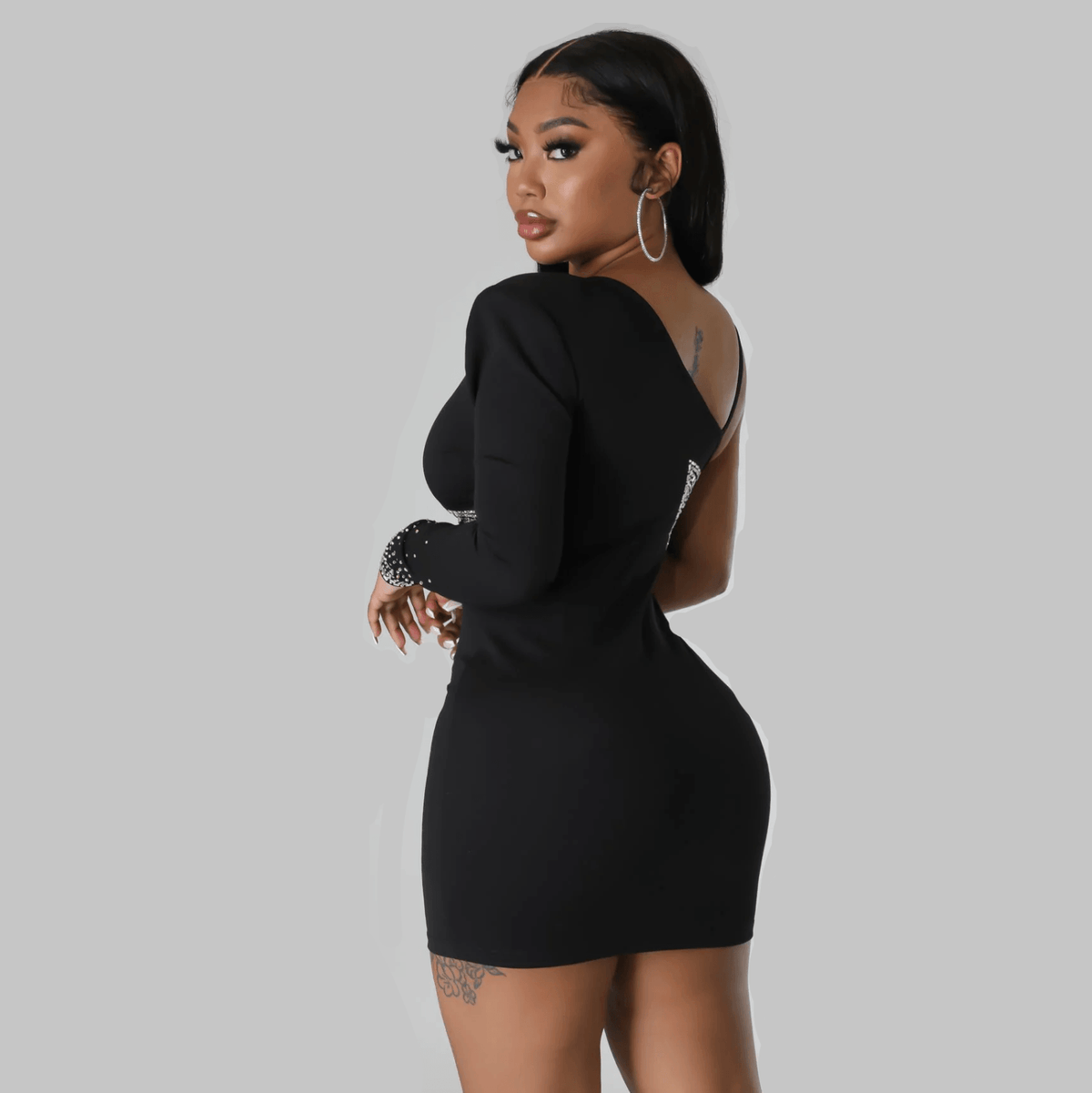 One Shoulder Crystal Cuff Mesh Star Cutout Bodycon Mini Dress