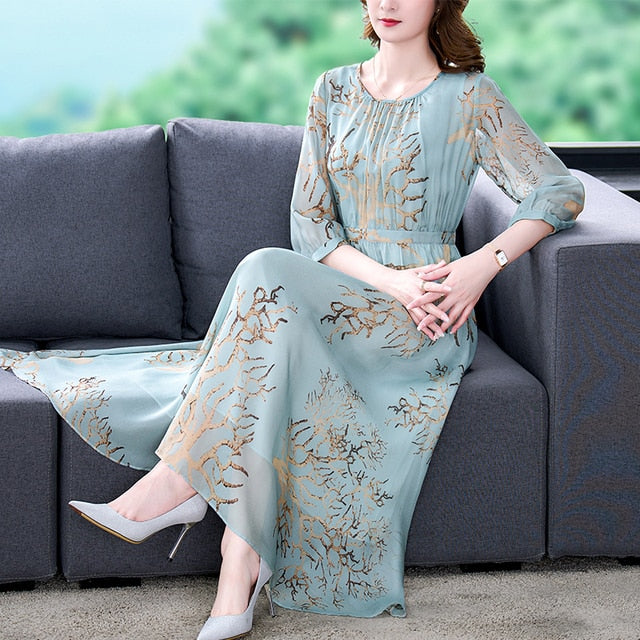 Round Neck Three Quarter Sleeve Metallic Branch Print Midi Dress