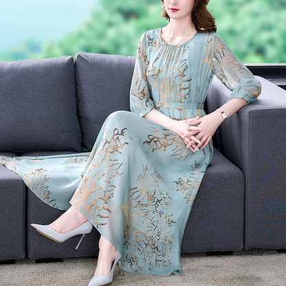 Round Neck Three Quarter Sleeve Metallic Branch Print Midi Dress