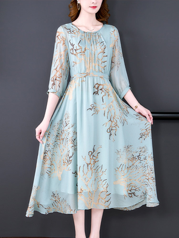 Round Neck Three Quarter Sleeve Metallic Branch Print Midi Dress