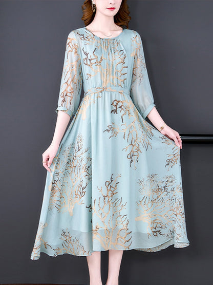 Round Neck Three Quarter Sleeve Metallic Branch Print Midi Dress