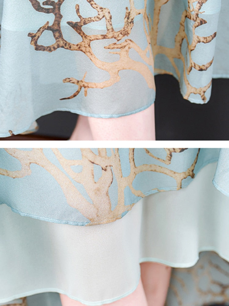 Round Neck Three Quarter Sleeve Metallic Branch Print Midi Dress