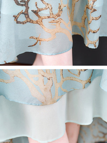 Round Neck Three Quarter Sleeve Metallic Branch Print Midi Dress
