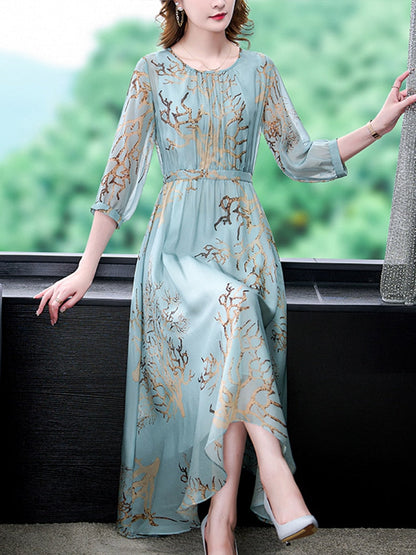Round Neck Three Quarter Sleeve Metallic Branch Print Midi Dress