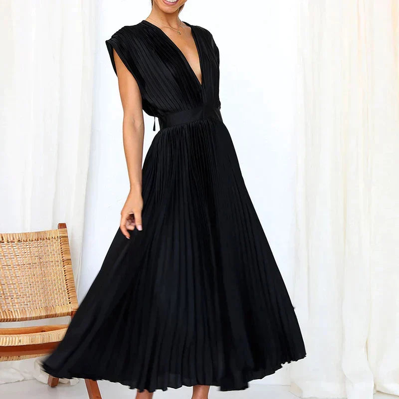 Accordion Pleat V-Neck Cap Sleeve Fit and Flare Midi Dress