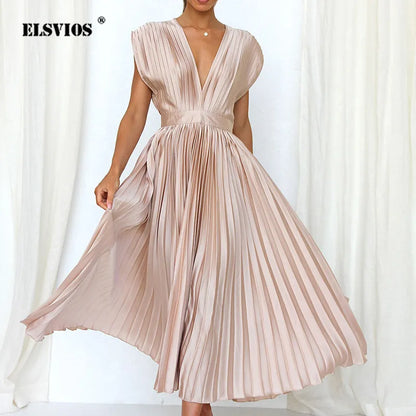 Accordion Pleat V-Neck Cap Sleeve Fit and Flare Midi Dress