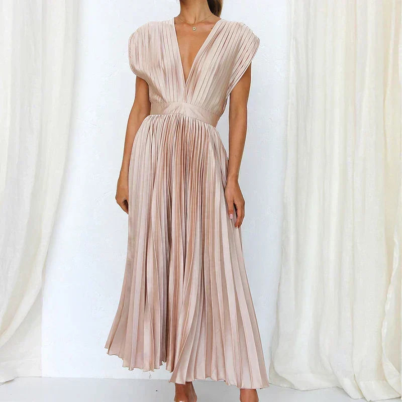 Pleated Surplice V-Neck Cap Sleeve A-Line Midi Dress