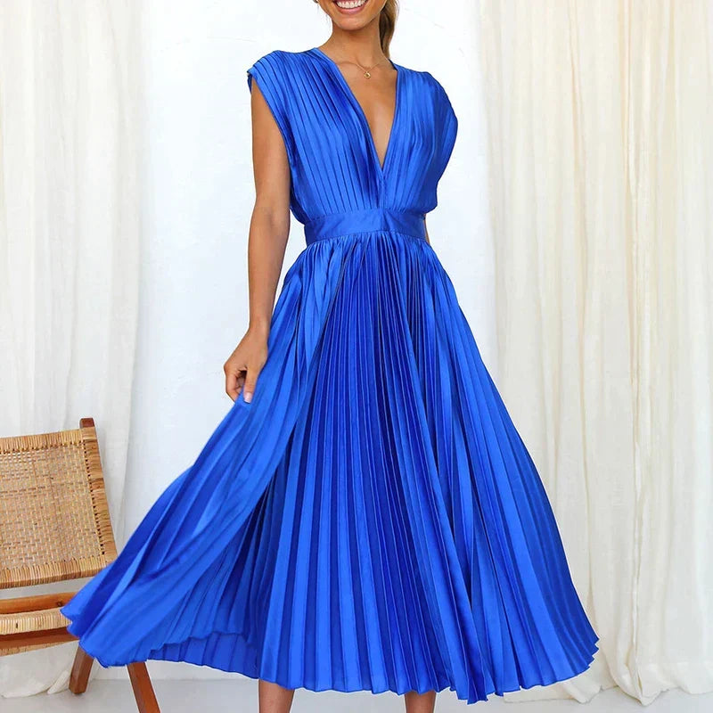 Accordion Pleat V-Neck Cap Sleeve Fit and Flare Midi Dress