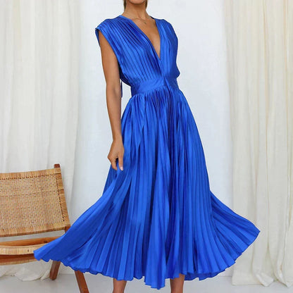 Accordion Pleat V-Neck Cap Sleeve Fit and Flare Midi Dress