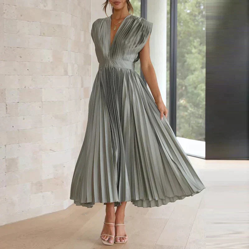 Accordion Pleat V-Neck Cap Sleeve Fit and Flare Midi Dress