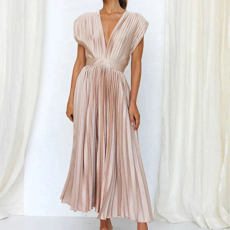 Accordion Pleat V-Neck Cap Sleeve Fit and Flare Midi Dress