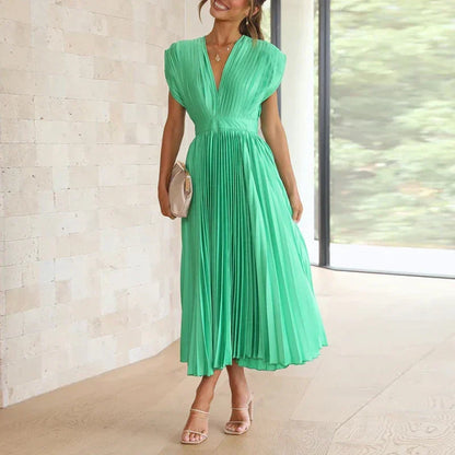 Pleated Surplice V-Neck Cap Sleeve A-Line Midi Dress