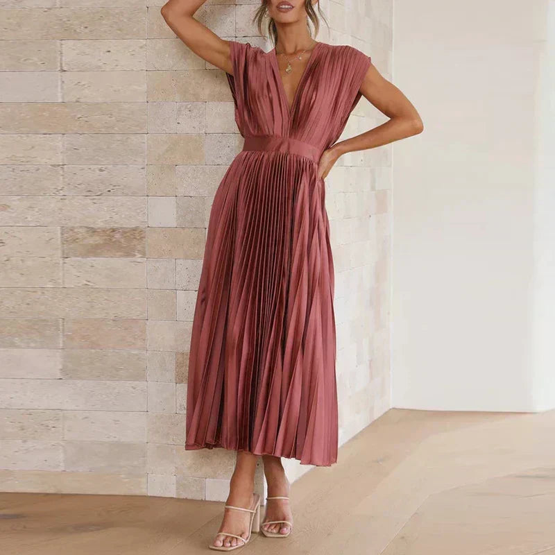 Pleated Surplice V-Neck Cap Sleeve A-Line Midi Dress