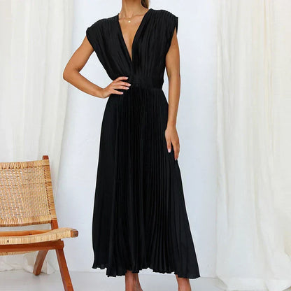 Pleated Surplice V-Neck Cap Sleeve A-Line Midi Dress