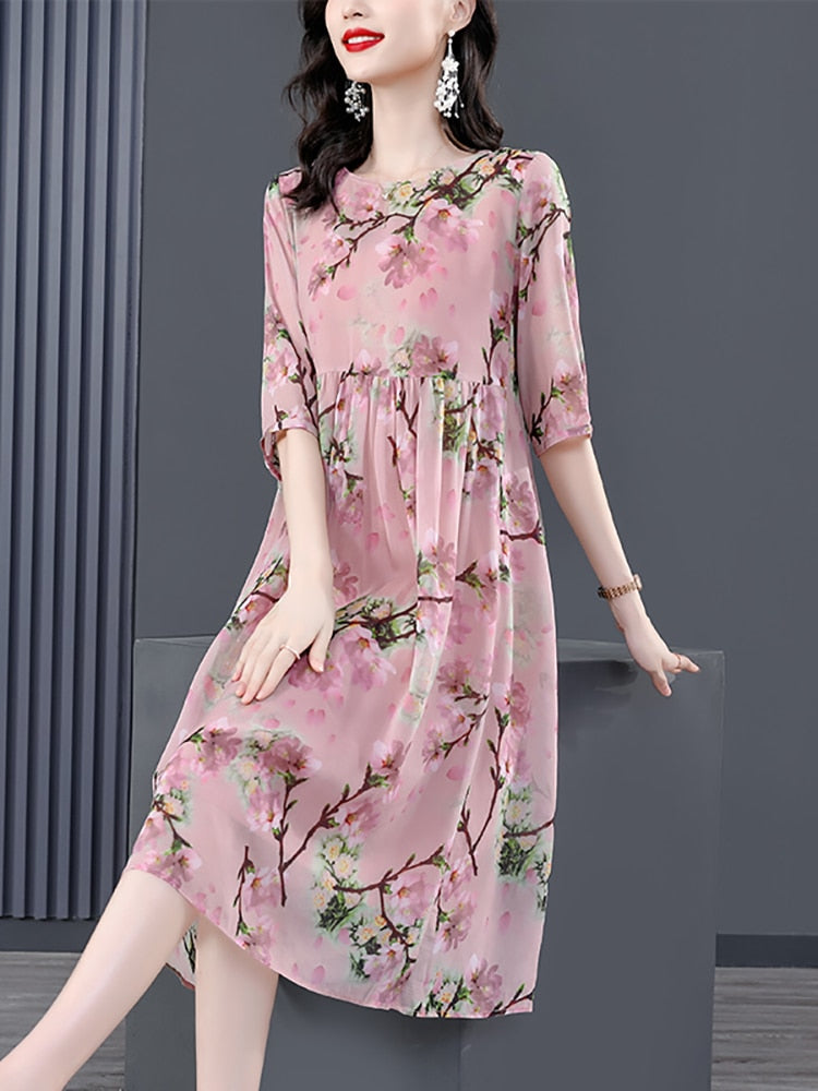 Round Neck Half Sleeve Floral Print Empire Waist Midi Dress