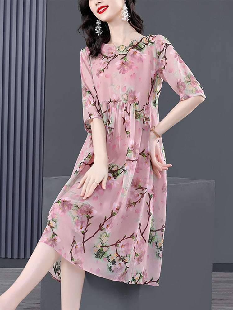 Round Neck Half Sleeve Floral Print Empire Waist Midi Dress