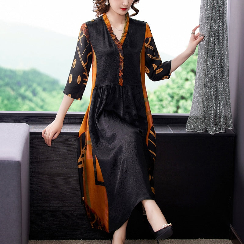V-Neck Ruffle Collar Abstract Print Empire Waist Midi Dress
