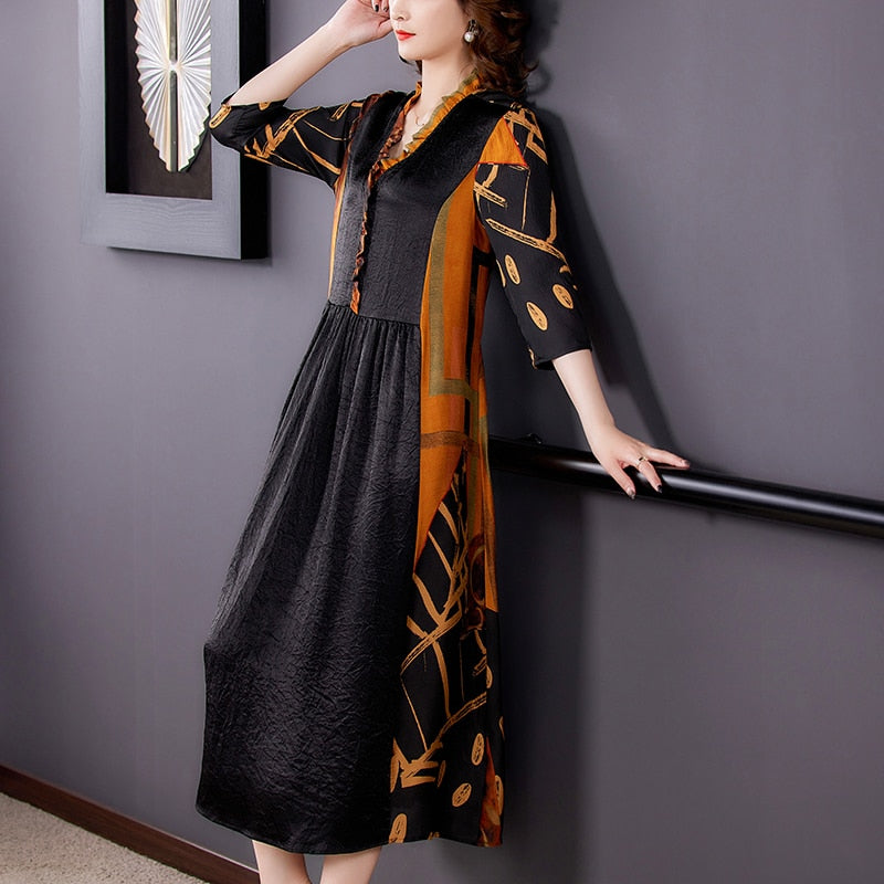V-Neck Ruffle Collar Abstract Print Empire Waist Midi Dress