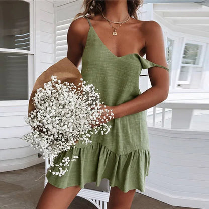 Linen Texture Spaghetti Strap Tiered Ruffle Hem Mini Dress